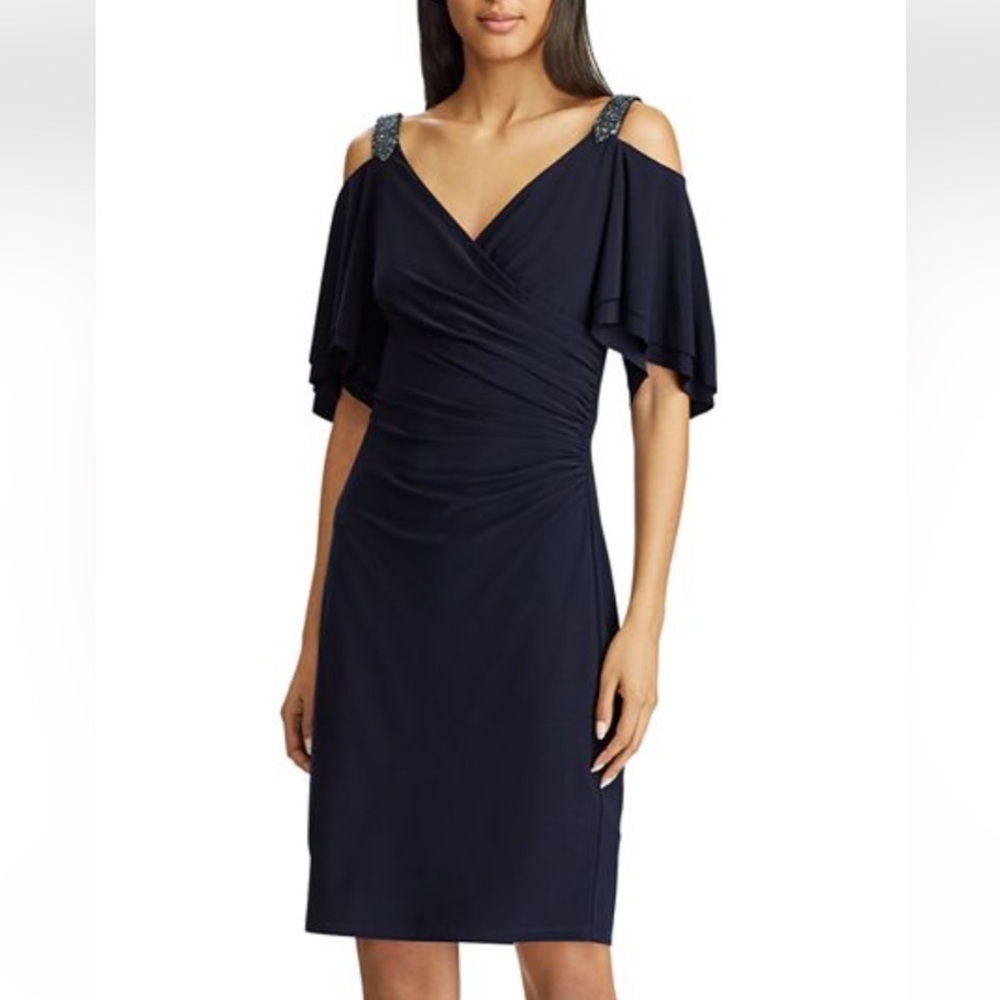 New Lauren Raphl Lauren Blue Beaded Flutter sleeve surplice neckline wedding 6